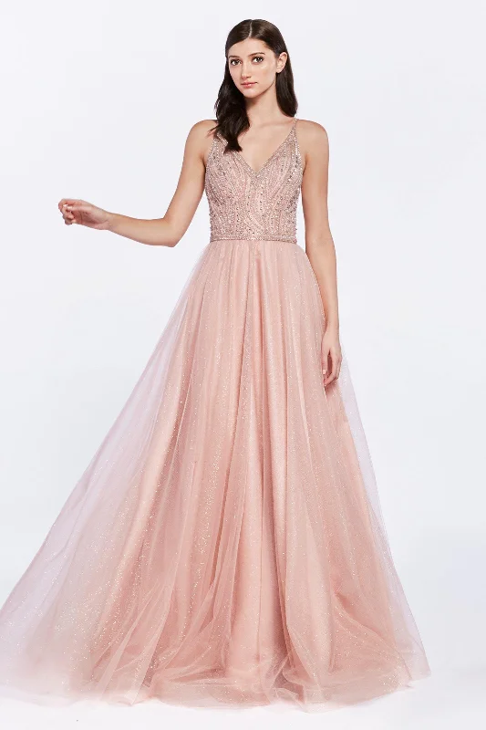 Draped Satin Gown Cinderella Divine KC892 Long Spaghetti Strap Glitter Prom Dress Formal