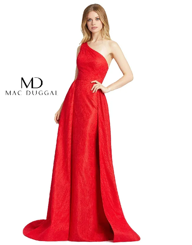 High Neck Dress Mac Duggal 12363 Long Formal One Shoulder Lace Gown