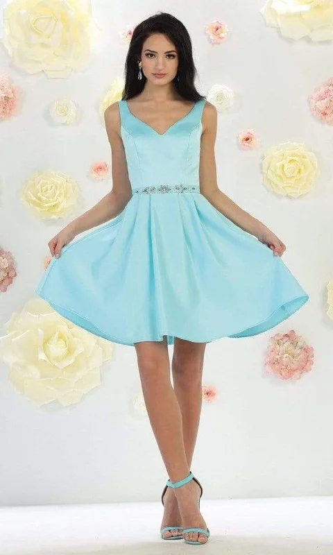 Polka Dot Gown May Queen - MQ1477 Sleeveless V Neck Satin A-Line Cocktail Dress