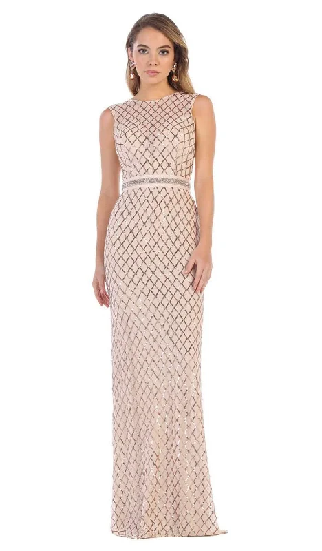 Slit Gown May Queen - MQ1606 Sequined Lattice Sheer Sheath Gown