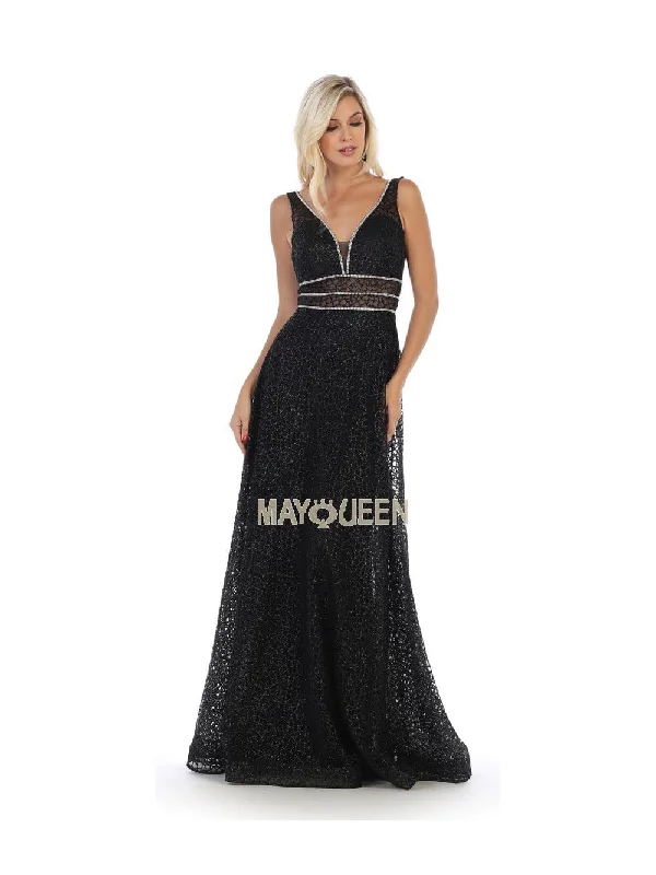 Vivid Color Gown May Queen - MQ1623 Embellished Deep V-neck A-line Dress