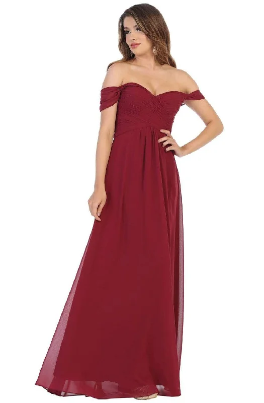 Lace Sleeves Dress May Queen - MQ1711 Draped Off Shoulder Chiffon A-Line gown