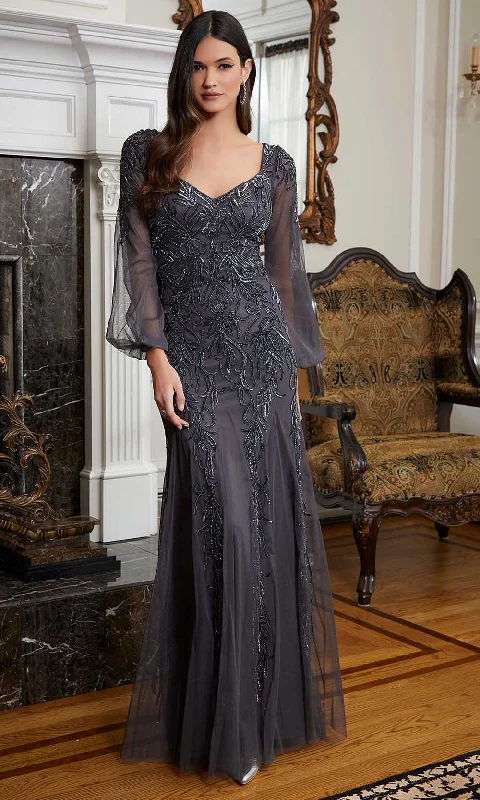 Luxe Satin Dress MGNY By Mori Lee 72820 - Bishop Sleeve Beaded Evening Gown