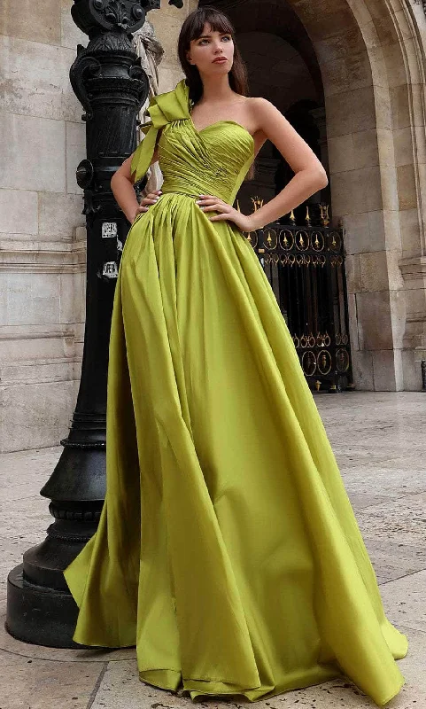 V-Neck Dress MNM Couture K4026 - Ruched Bodice Bow Accented Prom Gown