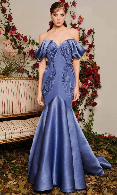 Applique Gown MNM COUTURE N0493 - Off Shoulder Satin-Crepe Gown