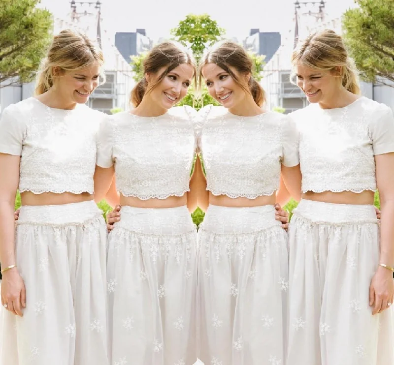 Polka Dot Gown Modern White Two Piece A-line 2018 Bridesmaid Dress Lace Short Sleeve Jewel-326235