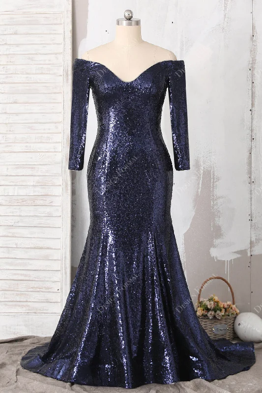 Luxe Satin Dress Navy Sequin Off-Shoulder Long Sleeve Plus Size Simple Mermaid Dress