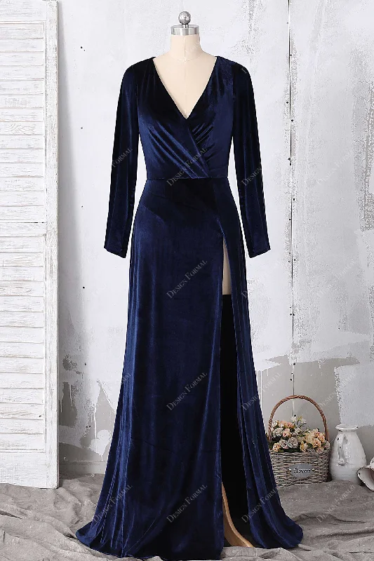 A-Line Gown Navy Velvet Long Sleeved V-neck Wrap Slit Elegant Long Dress