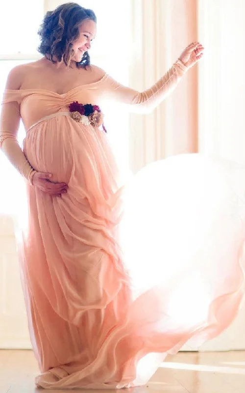 Sheer Panel Dress Off-the-shoulder Long Sleeve Chiffon Maternity Dress With Split Front&Split-105846