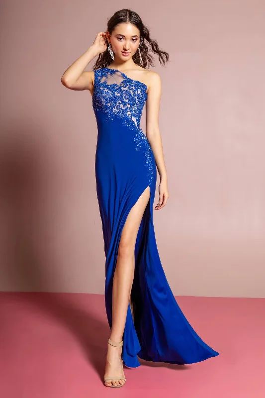 Fringe Gown Long Formal One Shoulder Prom Dress with Side Slit
