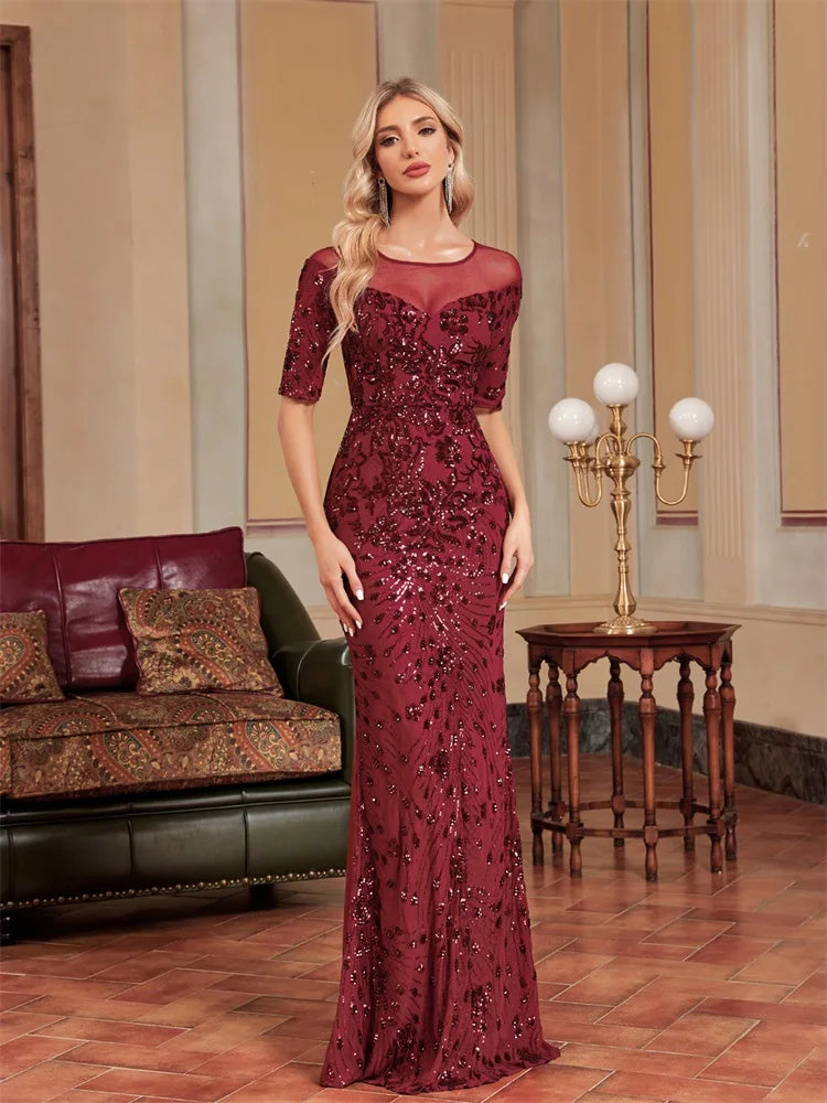 Pleated Gown Party Dress Short Sleeve Sequin Tulle Mermaid Evening Gown