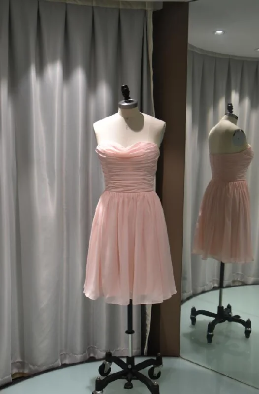 Red Carpet Dress Pink Strapless Pleated A-Line Chiffon Short Bridesmaid Dress-100401