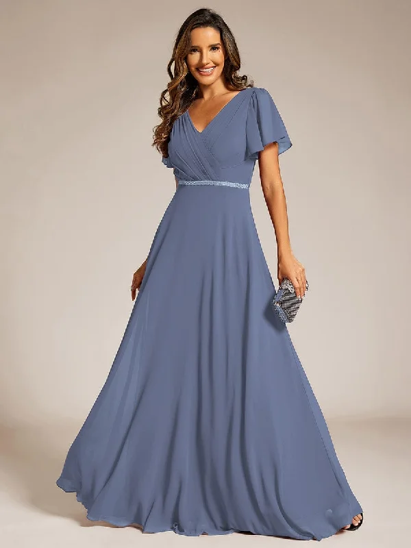 Strapless Gown Pleated A-Line Chiffon Formal Evening Dress with Short Sleeves and Sequin Waist Strapless Gown Pleated A-Line Chiffon Formal Evening Dress with Short Sleeves and Sequin Waist