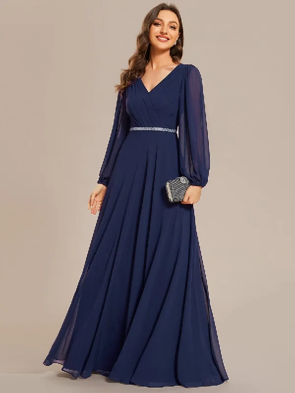 Tulle Skirt Dress Pleated Double V-Neck Long Sleeves Shiny Belt Chiffon Evening Dress Tulle Skirt Dress Pleated Double V-Neck Long Sleeves Shiny Belt Chiffon Evening Dress