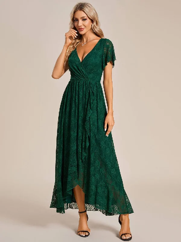 Halter Neck Dress Pleated V-Neck Short Sleeve Ruffled Lace Wedding Guest Dress
