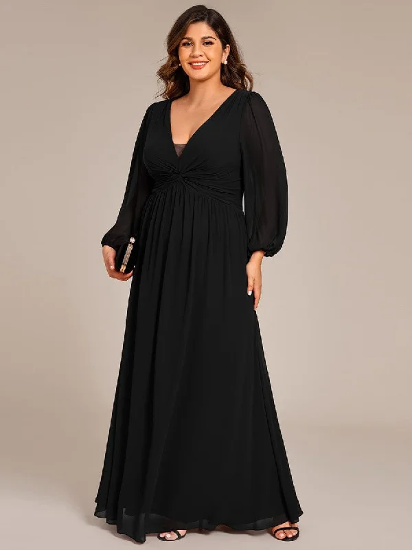 Floor-Sweeping Gown Plus Size A-Line Pleated Long Lantern Sleeves Chiffon Formal Evening Dress Floor-Sweeping Gown Plus Size A-Line Pleated Long Lantern Sleeves Chiffon Formal Evening Dress