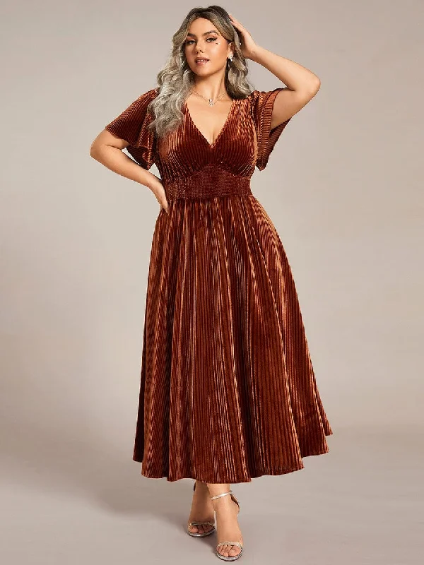 Sequin Maxi Dress Plus Size A-line V-Neck Short Sleeve Pleated Velvet Fall Wedding Guest Dress