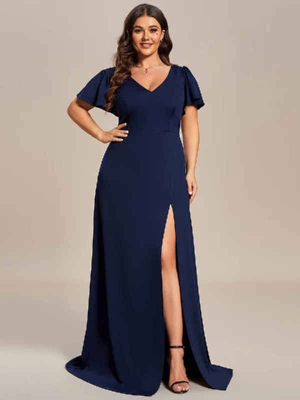 Satin Gown Plus Size Classical Ruffles Sleeve A-Line Front Slit Bridesmaid Dress
