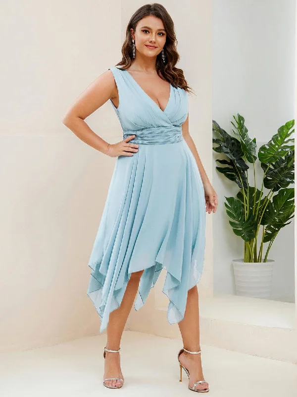 Classic Evening Dress Plus Size Double V Neck Ruched-Waist Midi Chiffon Bridesmaid Dress