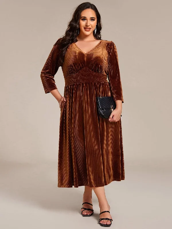 Peplum Dress Plus Size Elegant Pleated Velvet Stretchy Tea Length Wedding Guest Dress Peplum Dress Plus Size Elegant Pleated Velvet Stretchy Tea Length Wedding Guest Dress