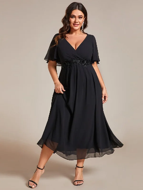 Fancy Embellished Dress Plus Size Elegant Short Sleeves V-Neck Floral Applique Wedding Guest Dress Fancy Embellished Dress Plus Size Elegant Short Sleeves V-Neck Floral Applique Wedding Guest Dress