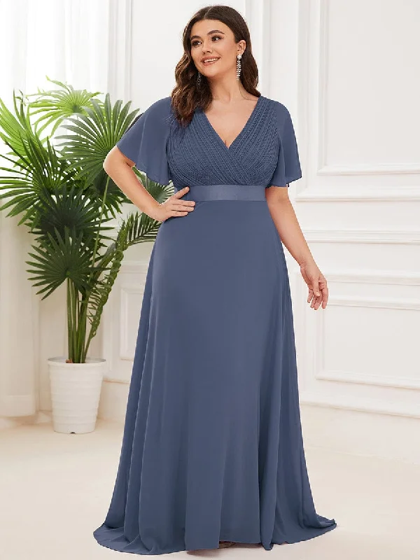 A-Line Gown Monica | Plus Size Simple Empire Waist Flutter Sleeve Evening Dress