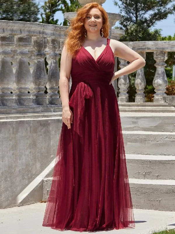 Draped Formal Dress Plus Size Double V Neck Maxi Tulle Bridesmaid Dress