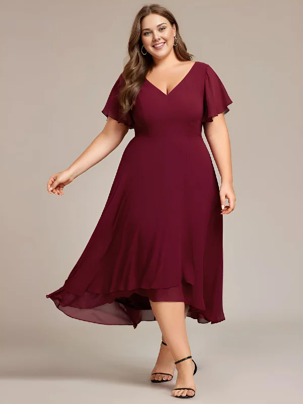 Dramatic Ball Gown Plus Size Flowing Chiffon V-Neck Ruffle Sleeves Bridesmaid Dress Dramatic Ball Gown Plus Size Flowing Chiffon V-Neck Ruffle Sleeves Bridesmaid Dress