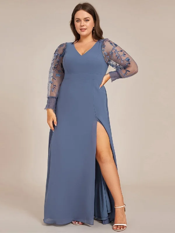 Fit And Flare Dress Plus Size High Slit Embroidered Long Sleeve Chiffon Formal Evening Dress Fit And Flare Dress Plus Size High Slit Embroidered Long Sleeve Chiffon Formal Evening Dress