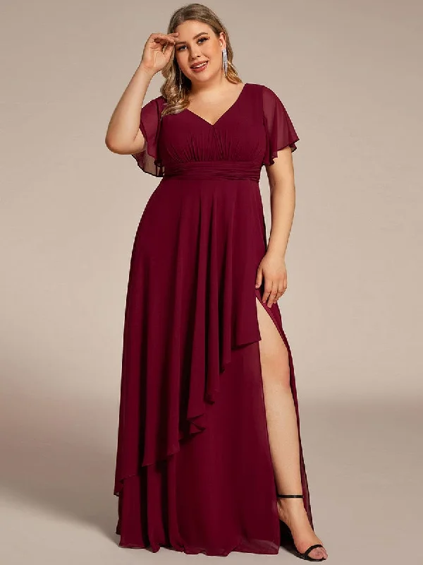 Taffeta Dress Plus Size High Slit Louts Leaf Empire Waist Chiffon Evening Dress
