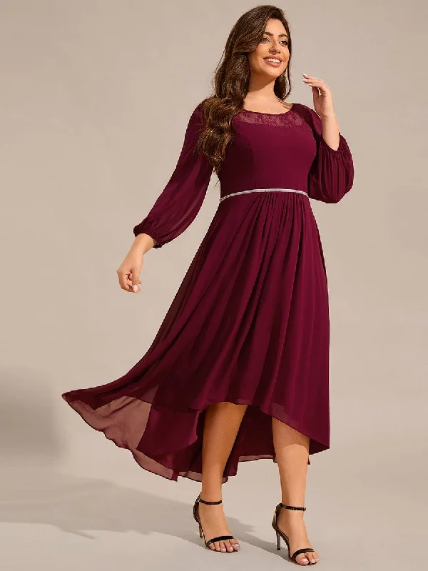 Illusion Neckline Dress Plus Size Lace Round Neck Long Sleeve Chiffon Midi Wedding Guest Dress Illusion Neckline Dress Plus Size Lace Round Neck Long Sleeve Chiffon Midi Wedding Guest Dress