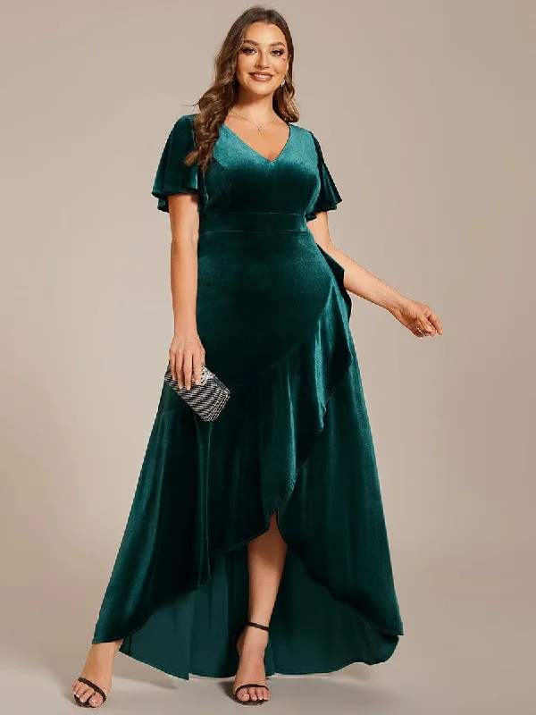 Sheer Panel Dress Plus Size Lotus Leaf Hem A-Line V-Neck Ruffles Sleeve Velvet Evening Dress