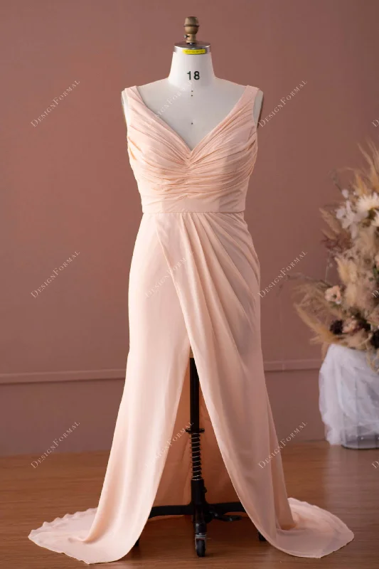 Slit Gown Plus size Peach Ruched Chiffon Wrap Sexy Slit Mermaid Formal Dress
