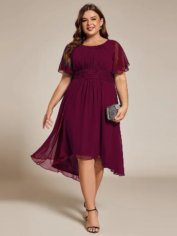 Fancy Embellished Dress Plus Size Pleated Round Neckline A-Line Midi Chiffon Wedding Guest Dress