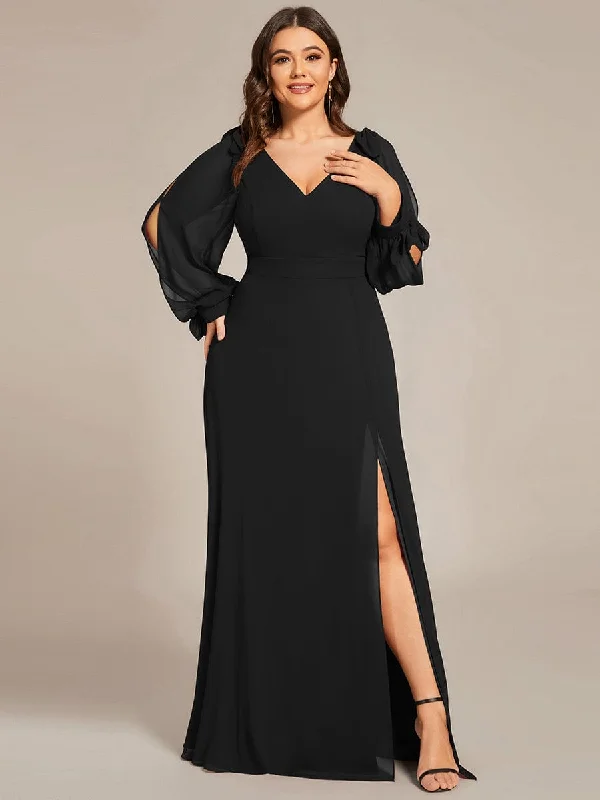 Glittering Evening Gown Plus Size Open Lantern Sleeve A-Line Bridesmaid Dress