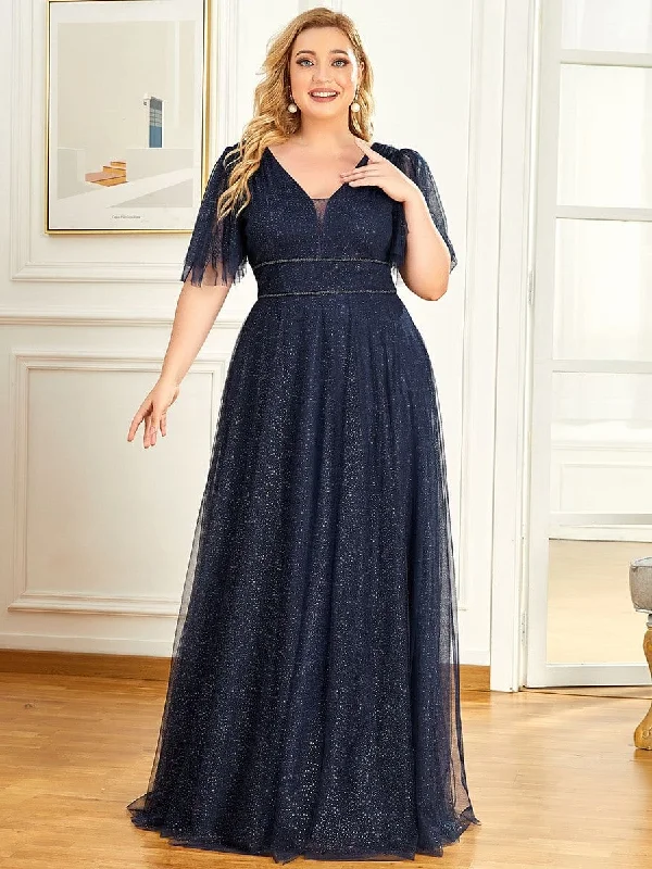 Polka Dot Gown Plus Size V Neck Tulle Formal Evening Dress with Ruffle Sleeves