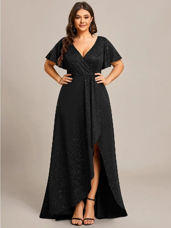 Floral Gown Plus Size Glitter Ruffled High-Low Front Slit Evening Dress