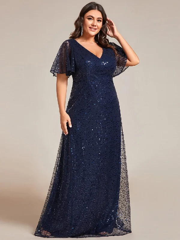 Satin Gown Plus Size See-Through Short Sleeves Maxi Sequin Formal Evening Dress