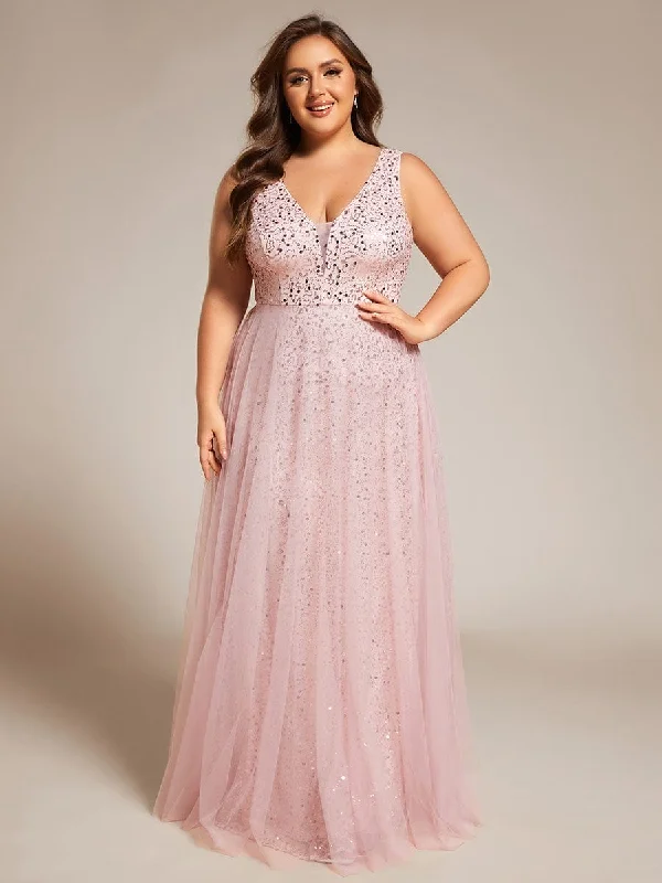 Long Sleeve Dress Plus Size Sequin V-Neck Sleeveless Empire Waist Tulle Formal Evening Dress