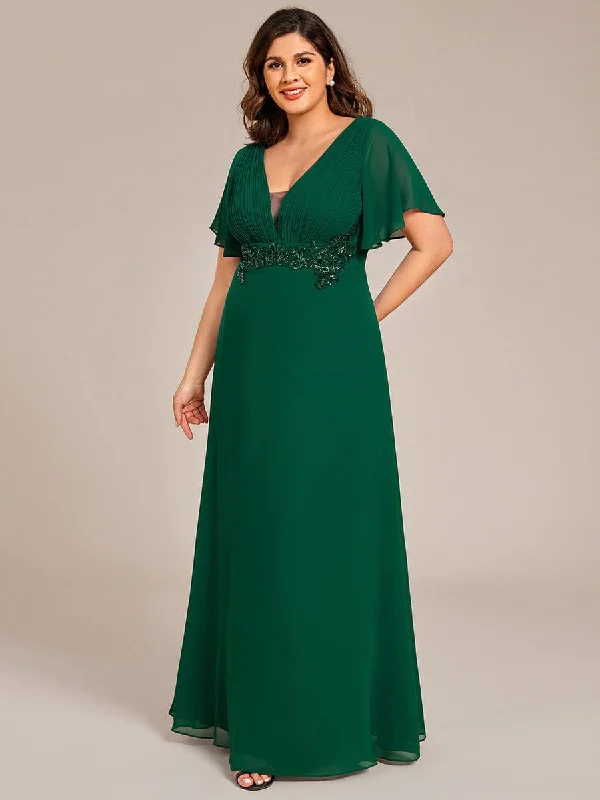 Sparkly Dress Plus Size Short Sleeve Waist Applique V-Neck Maxi Formal Evening Dress Sparkly Dress Plus Size Short Sleeve Waist Applique V-Neck Maxi Formal Evening Dress