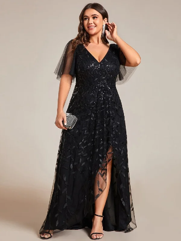 Luxury Dress Plus Size Short Sleeves Sequin High Low V-Neck Midi Formal Evening Dress Luxury Dress Plus Size Short Sleeves Sequin High Low V-Neck Midi Formal Evening Dress