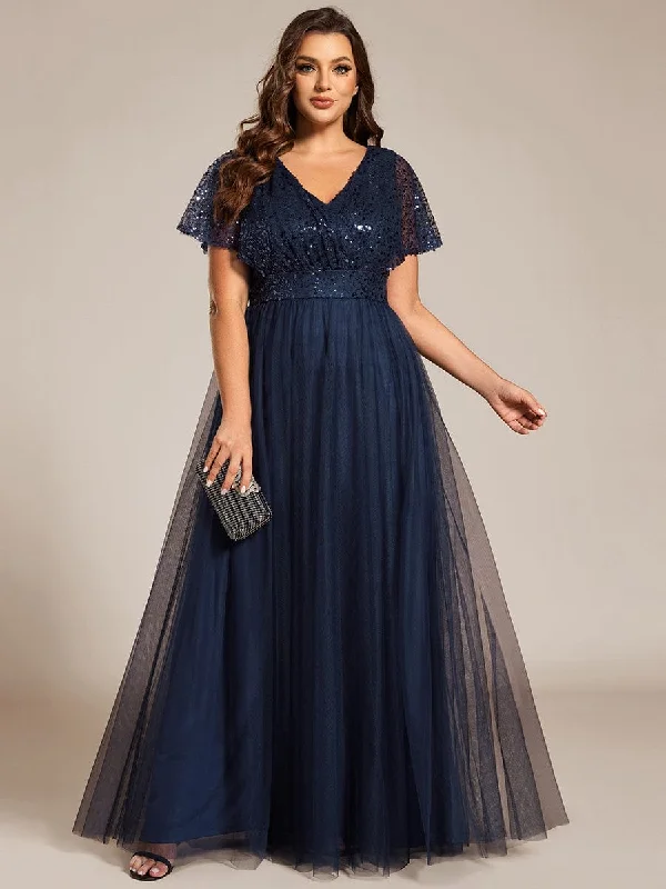 Ruffled Dress Plus Size Short Sleeves Sequin V-Neck Formal Evening Dress with Tulle Ruffled Dress Plus Size Short Sleeves Sequin V-Neck Formal Evening Dress with Tulle