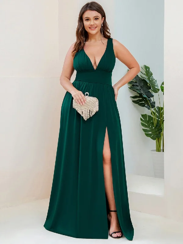 Floor-Length Gown Plus Size Sleeveless V-Neck Empire Waist High Slit Floor-Length Evening Dress Floor-Length Gown Plus Size Sleeveless V-Neck Empire Waist High Slit Floor-Length Evening Dress