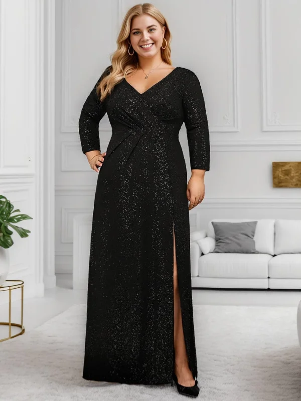 Metallic Formal Dress Plus Size Sparkling Long Sleeves Double V-Neck Sequin Evening Dress Metallic Formal Dress Plus Size Sparkling Long Sleeves Double V-Neck Sequin Evening Dress