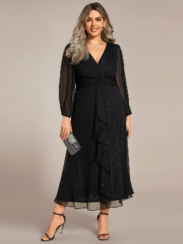 Lavish Evening Gown Plus Size Twist Knot Louts Leaf Long Sleeve A-Line Evening Dress Lavish Evening Gown Plus Size Twist Knot Louts Leaf Long Sleeve A-Line Evening Dress