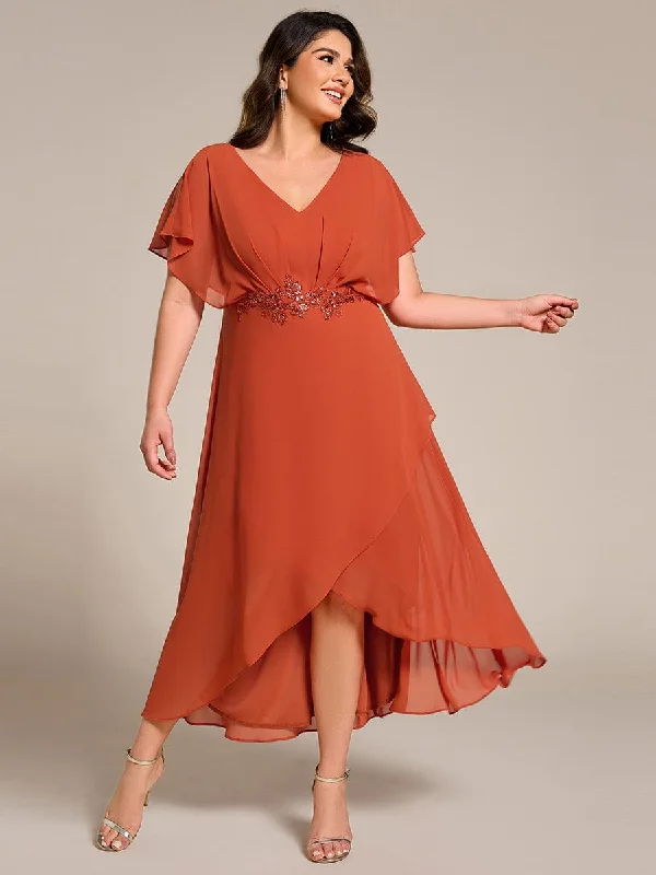 Party Dress Plus Size V-Neck Chiffon Bat-Wing Sleeve A-Line Waist Applique Formal Dress Party Dress Plus Size V-Neck Chiffon Bat-Wing Sleeve A-Line Waist Applique Formal Dress