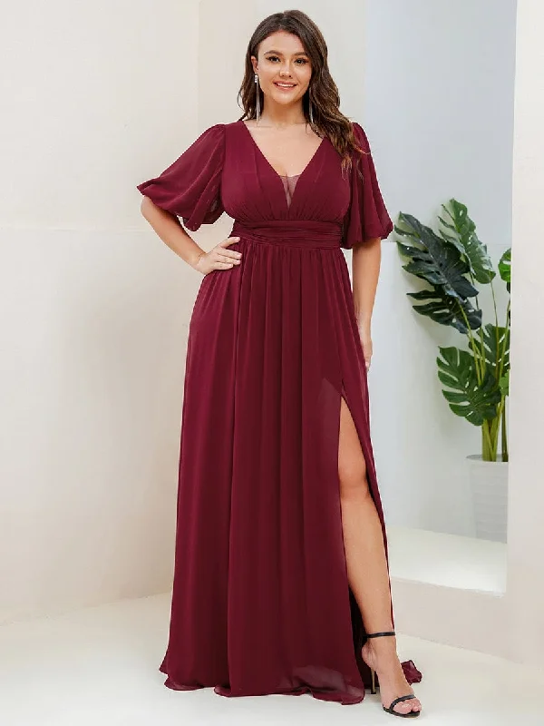 Pearl Embellished Gown Plus Size V-Neck Front Slit Chiffon Evening Dress