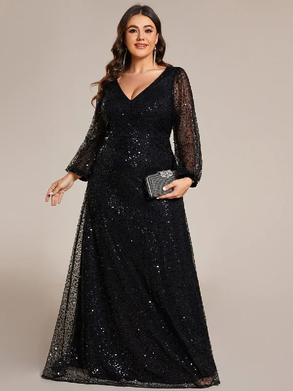 Fancy Embellished Dress Plus Size V-Neck Lantern Long Sleeve Sequin A-Line Evening Dress Fancy Embellished Dress Plus Size V-Neck Lantern Long Sleeve Sequin A-Line Evening Dress