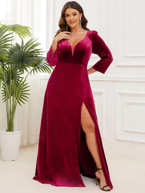 Statement Sleeve Dress Plus Size Velvet Plunging V-Neck Front Slit 3/4 Sleeve Evening Dress Statement Sleeve Dress Plus Size Velvet Plunging V-Neck Front Slit 3/4 Sleeve Evening Dress