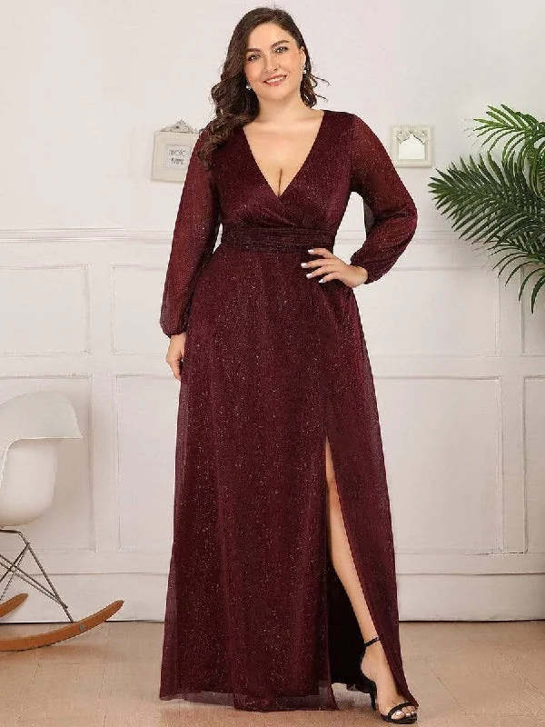 Draped Satin Gown Plus Size V-Neck Shiny Puff Sleeve Evening Dress for Women